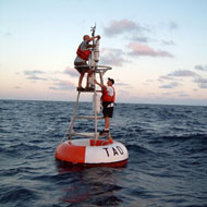 Researchers setup equipment on a bouy in the ocean