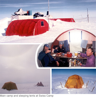 Images of Swiss Camp, including main campu upon arrival, burried under snow drifts, having a meal in the kitchen, and 4 of 5 sleeping tents
