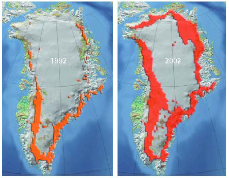 melt zone shown in side-by-side comparisons of Greenland, 1992 and 2002